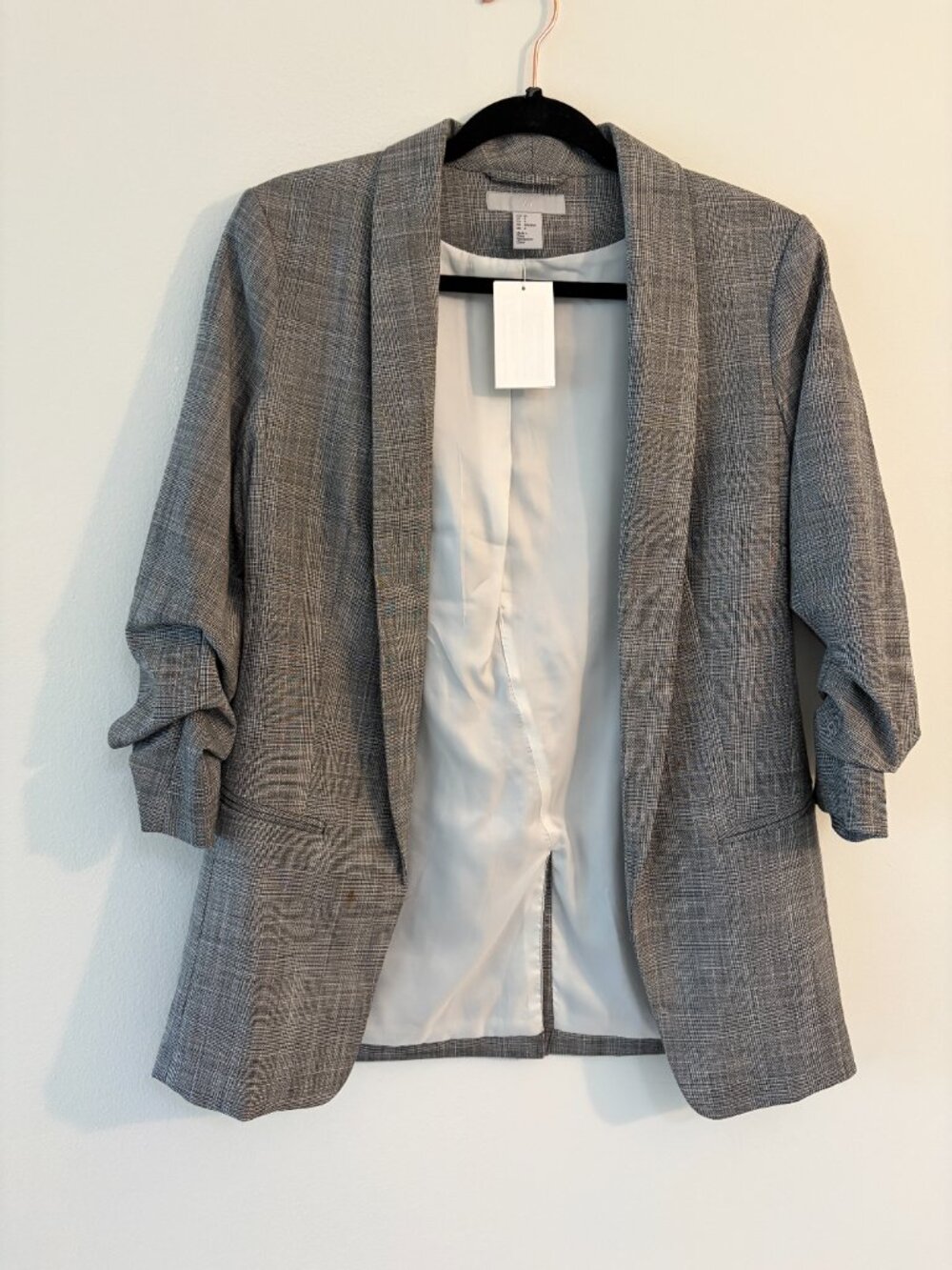 H&M NWT Gray Glen Plaid Suit Set Gathered Sleeve Blazer 4 + Tapered Pants 6